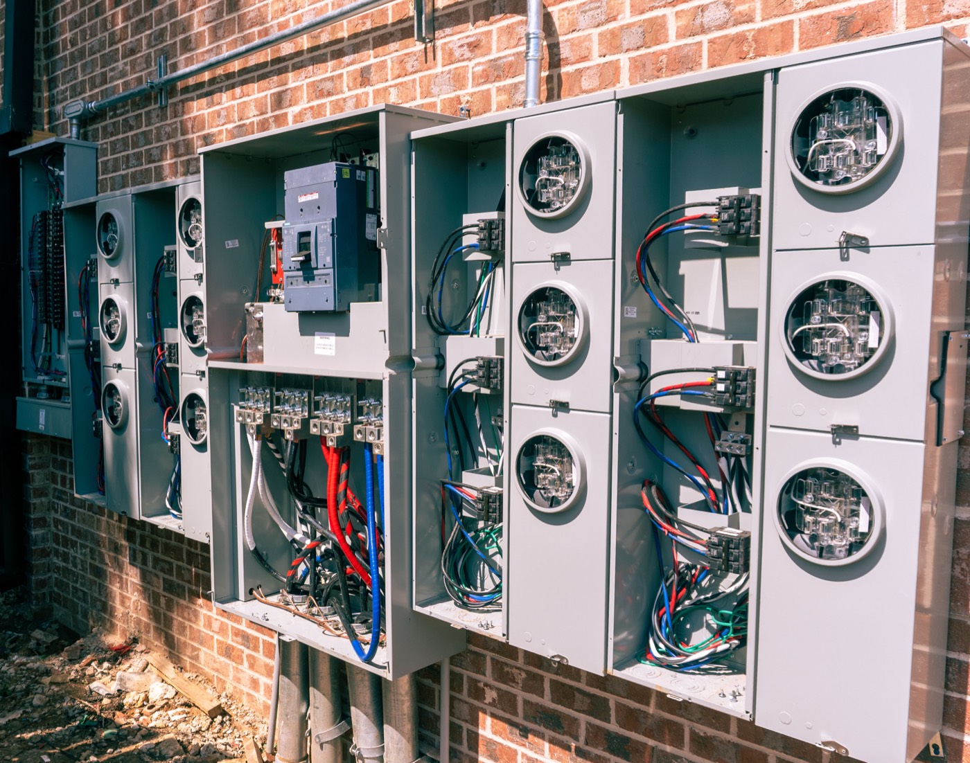 Row of meter panels on a commercial building
